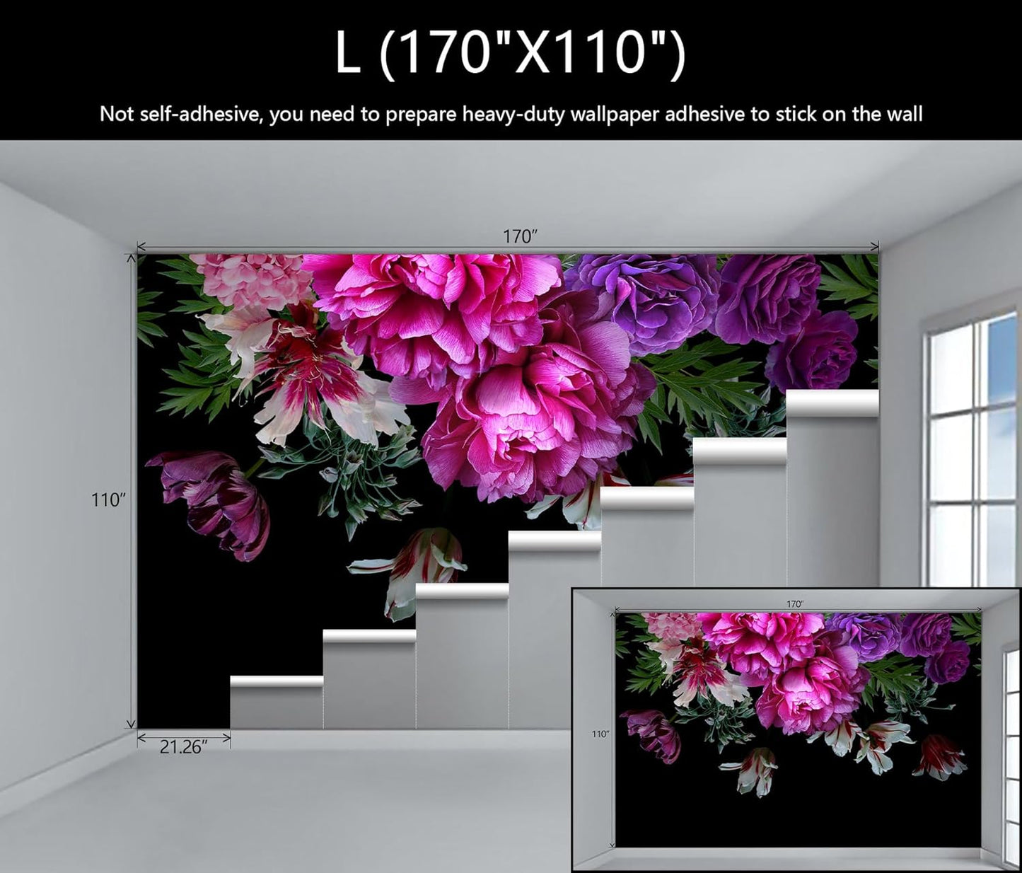 WFBHUA-Purple Peony Floral Wallpaper Tropical Botanical Leaf Rose Flower Wall Mural for Bedroom(Not Peel and Stick)