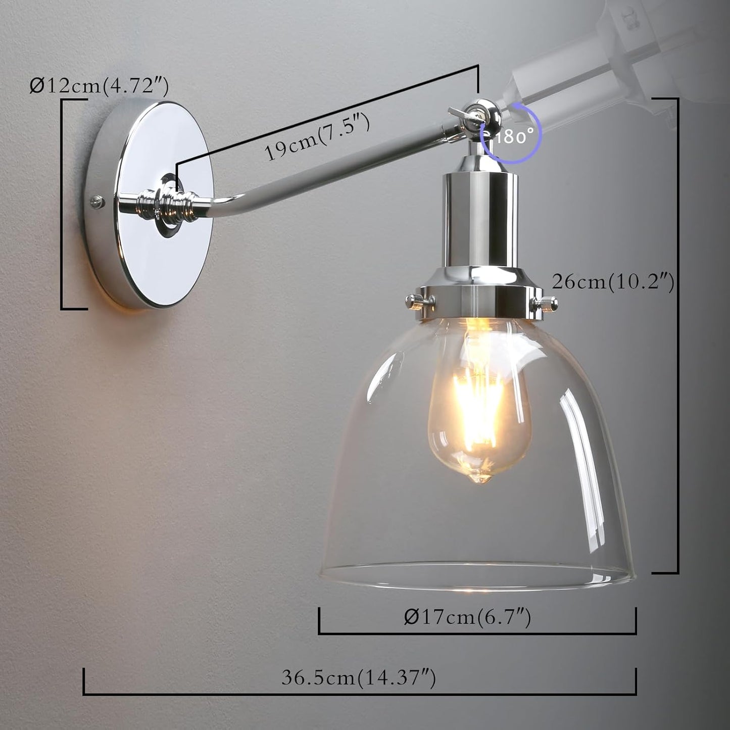 PERMO Industrial Vintage Wall Sconce Chrome Wall Sconce with 6.7" Oval Dome Clear Glass Shade Light Lamp Fixture