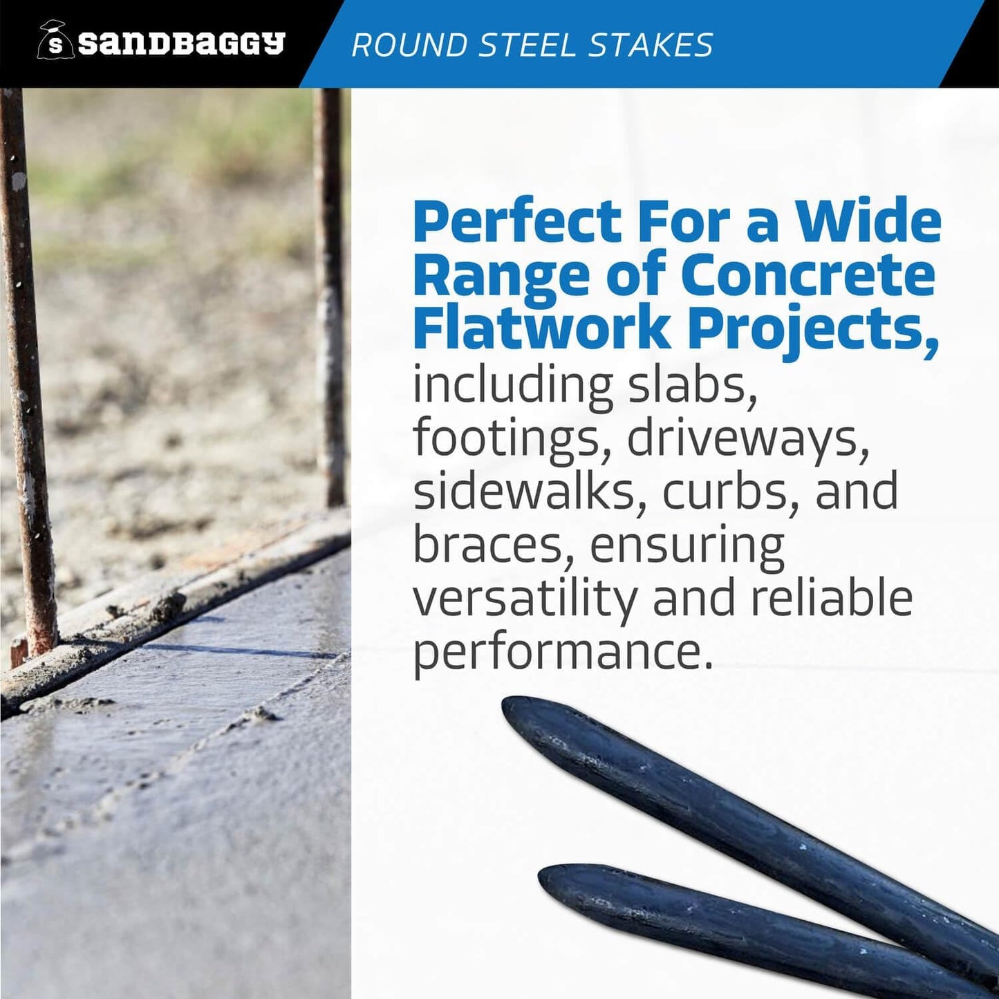 Sandbaggy Round Steel Concrete Form Stakes with Nail Holes - Rust Resistant Coating - Removable, Reusable (20, 3/4 in X 18 in)