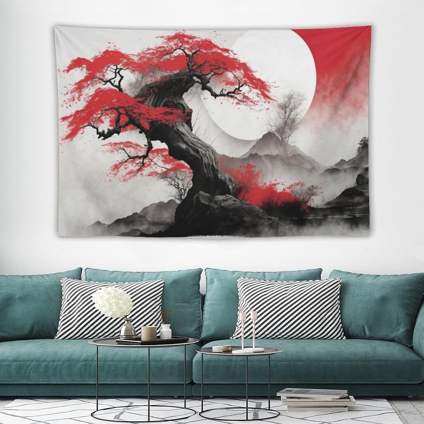 Cherry Blossoms Tapestry,Japanese Red Landscape Asian Watercolor Abstract Art Tapestry,Japanese Wall Tapestry, Nature Landscape Tapestries for Bedroom Living Room Decor 60"x40"