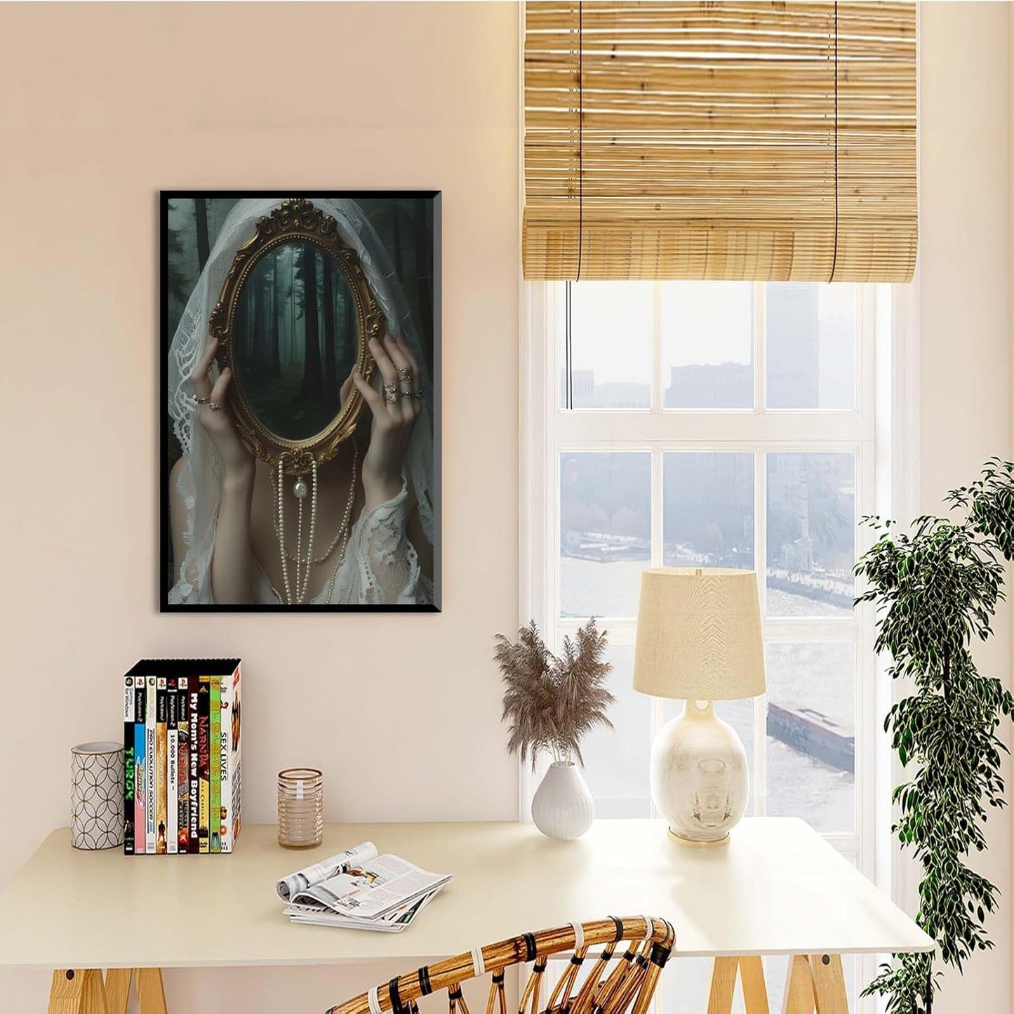 Mirror face covering dark art poster print melancholy gothic painting vintage feminine print victorian style decoration antique art8x12in Metal blackFramed