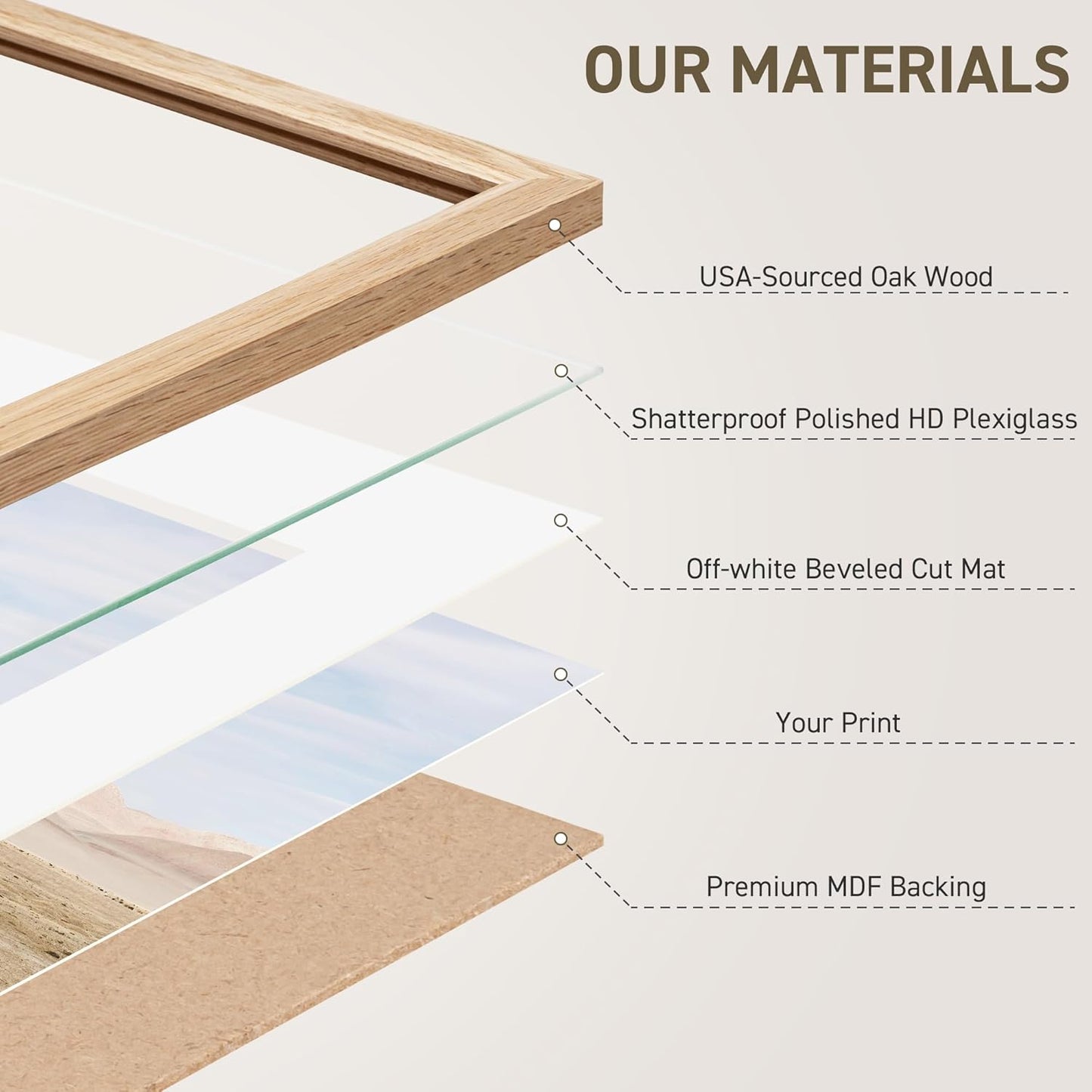 5x7 Picture Frame Set of 4 Natural Solid Oak Photo Frames with 4x6 Removable Mat Wall Hanging Large Handcrafted Frame with HD Plexiglass Wall and Tabletop Display Large Poster Frame