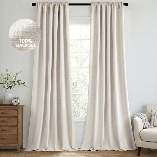 MIULEE 100% Blackout Curtains 96 Inch Long 2 Panels Set for Bedroom, Thick Faux Linen Black Out Curtain Room Darkening Back Tab Pleated Floor to Ceiling Window Drapes with Hooks for Living Room, Birch