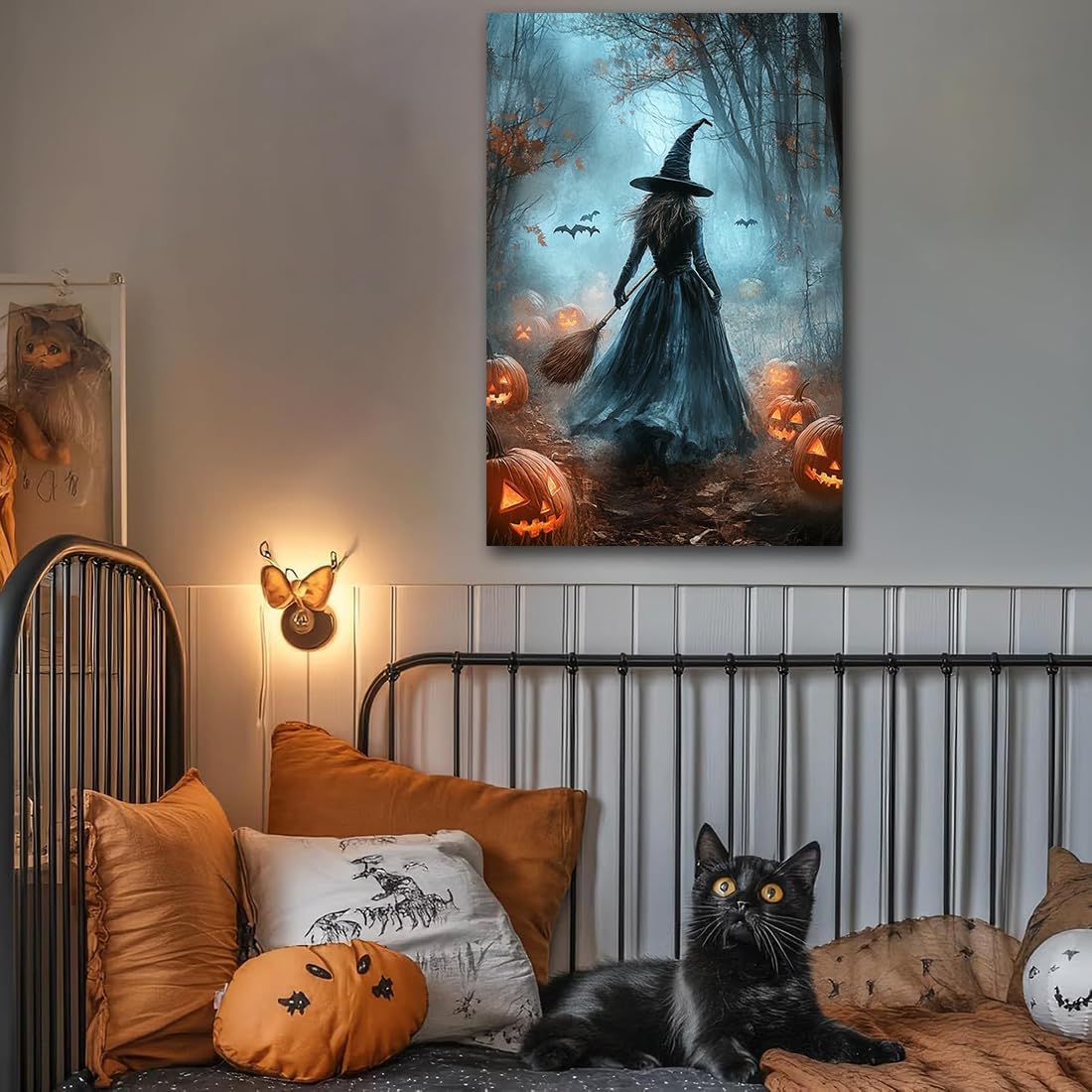 Vintage Moody Halloween Witch Artwork Wall Decor,Spooky Halloween Gothic Canvas Artwork Creepy Horror Witch with A Broom Pumpkin Bats Rustic Forest Picture,Dark Academia Poster,8"x12" Framed