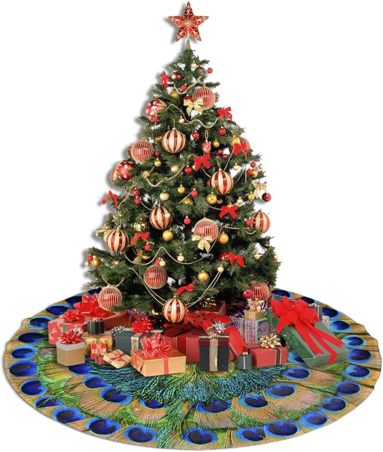 Christmas Tree Skirt,Peacock Feathers Circle Xmas Tree Skirt Rustic Farmhouse Tree Skirt for Christmas Decor Xmas Holiday Home Party Decorations30