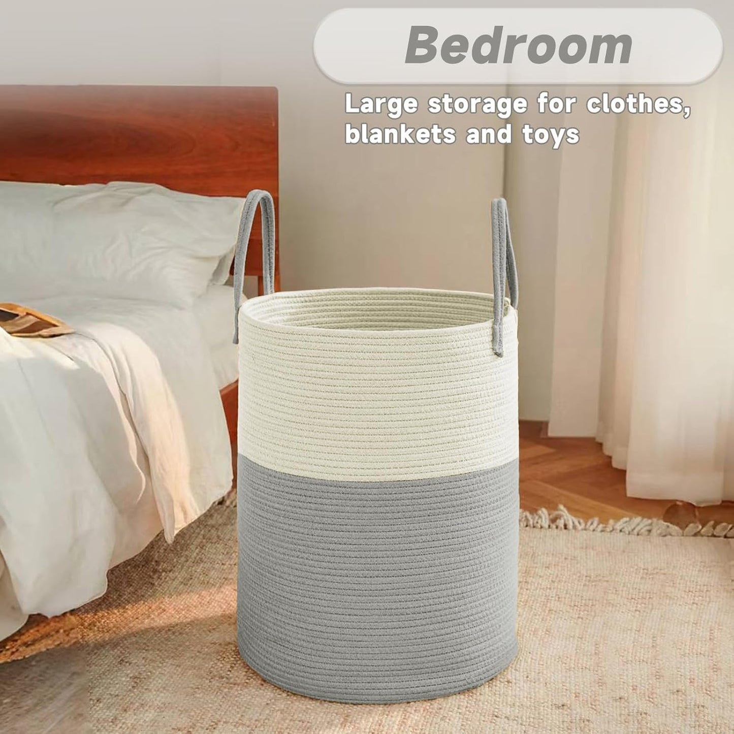 Large Woven Laundry Basket Hamper,80L Cotton Rope Storage Bin for Blankets,Toys and Clothes,Decorative Tall Nursery Hamper for Living Room,Baby Nursery,Bathroom and Bedroom,White and Grey