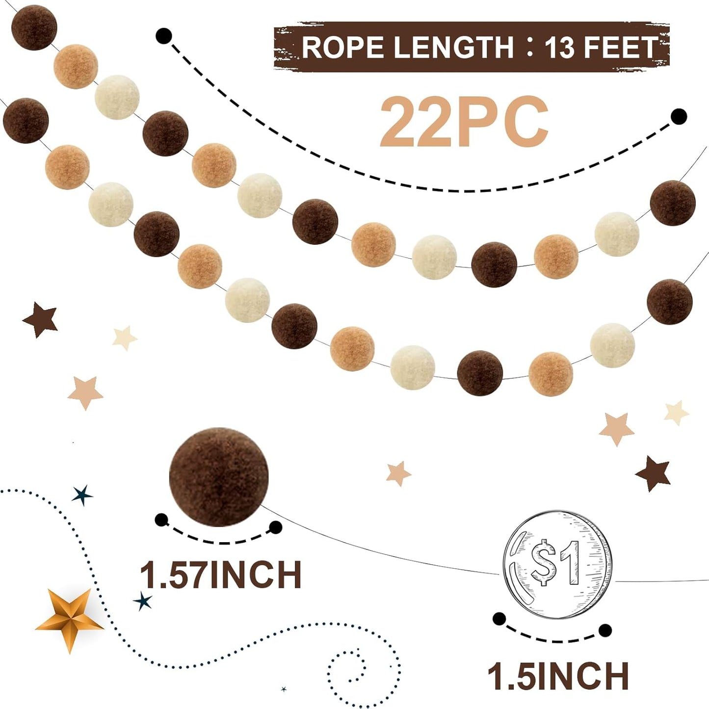 TBD Decor 2pk Pom Pom Garland 13FT Colorful Large Felt Ball Garland Fall Decoration for Mantle,Indoor Holiday Wedding Birthday Party Supplies(White Brown,4cm)