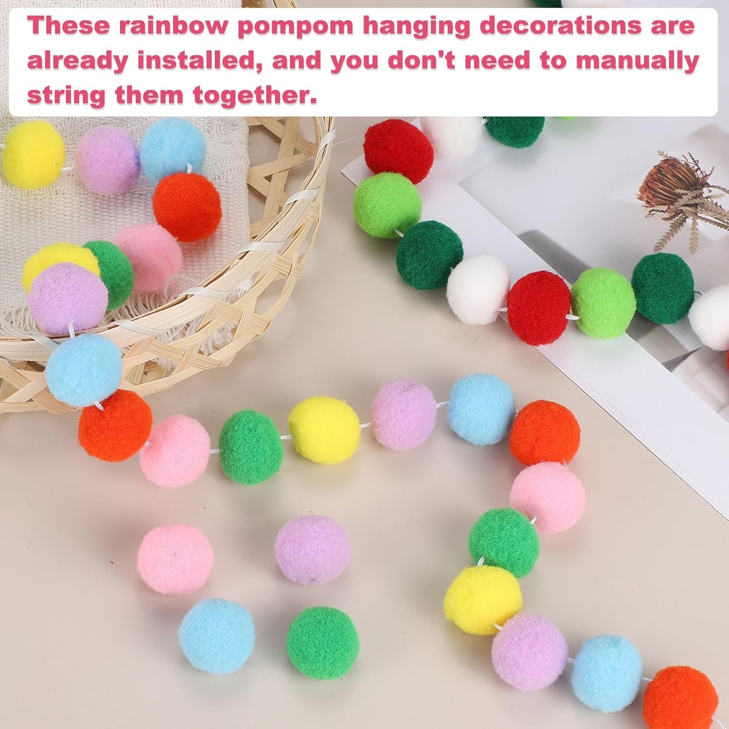 PATIKIL 13Ft Pom Pom Garland Decorations, 2Pcs Colorful Felt Ball Garland Banner Cute Rainbow Pompom Hanging Decorations for Tree Ornaments Homes Decor, Orange/Black/Purple/White