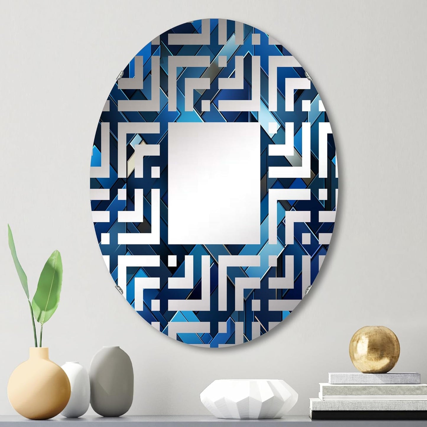 Symmetric Cubes in Deep Cobalt Blue - Geometric Maze - 24x36 Inches - Oval Decorative Wall Mirror for Bathroom, Bedroom, Entryway, Living Room, Vanity Room and Modern Décor