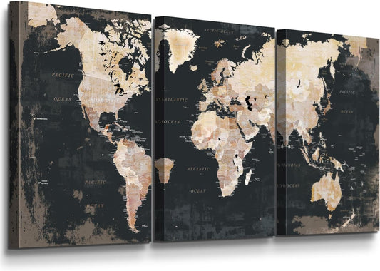 Office Wall Art for Living Room Bedroom Wall Decor Framed World Maps Black White Brown Pictures for Wall Decorations Vintage Decor