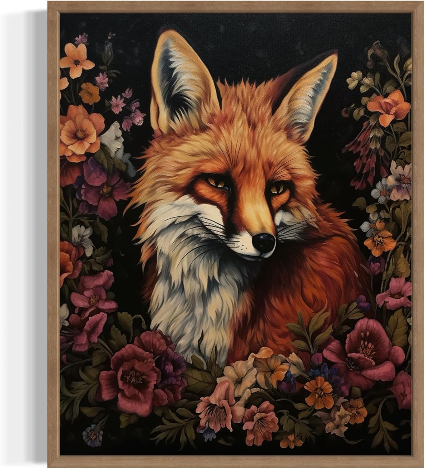 Fox and Flower Poster Art Print, Halloween Scary Vintage Wall Art Academia Spooky Painting Decoration for Horror Prints, Gothic Posters Bedroom Decor 89 (Fox and Flower, 8 x 10 inches, Wood Frame)