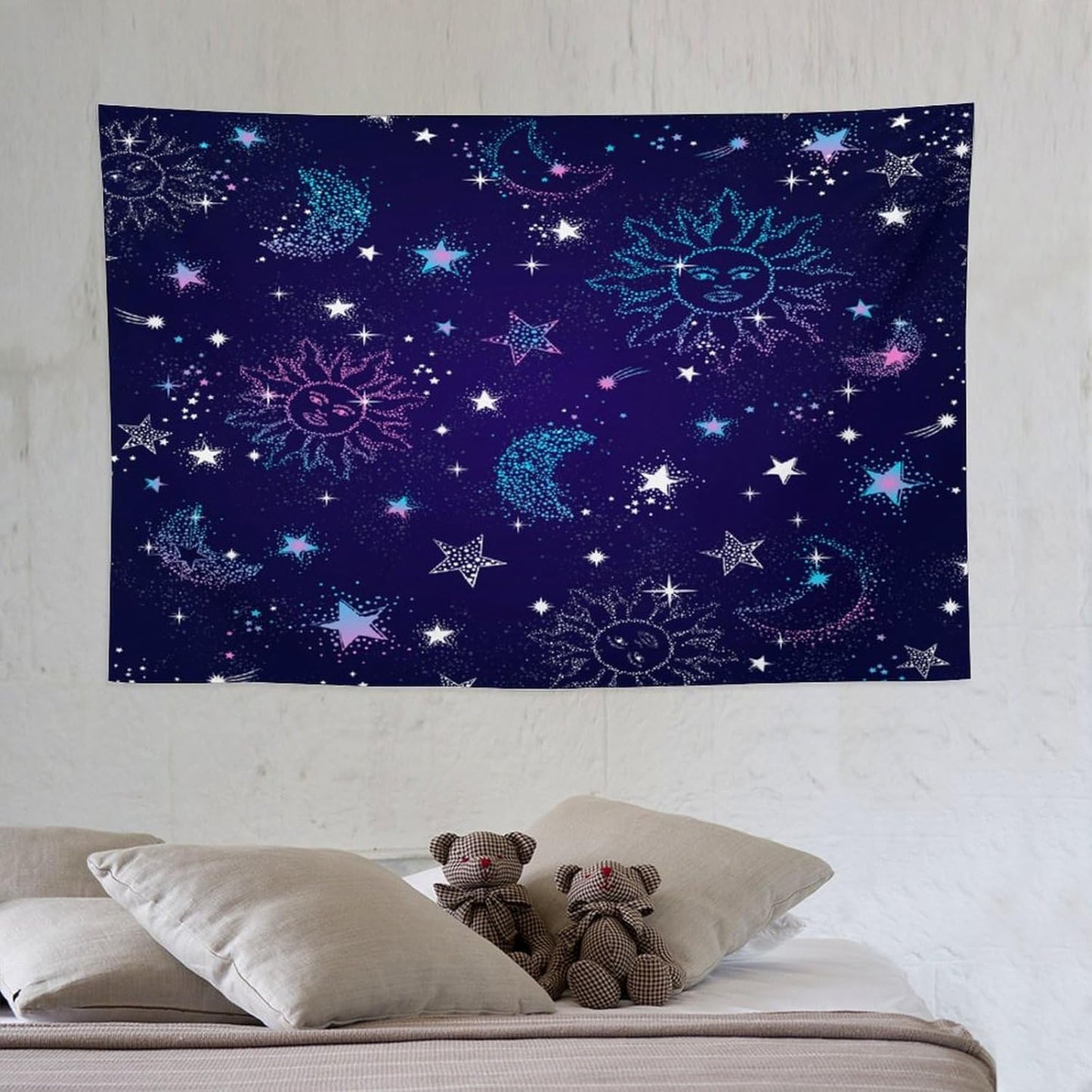 HZOHNAGO Boho Sun Moon Tapestry Purple Blue Sun Stars Galaxy Pattern Printed Wall Tapestry Wall Hanging for Bedroom Living Room Dorm 60" W x 40" H