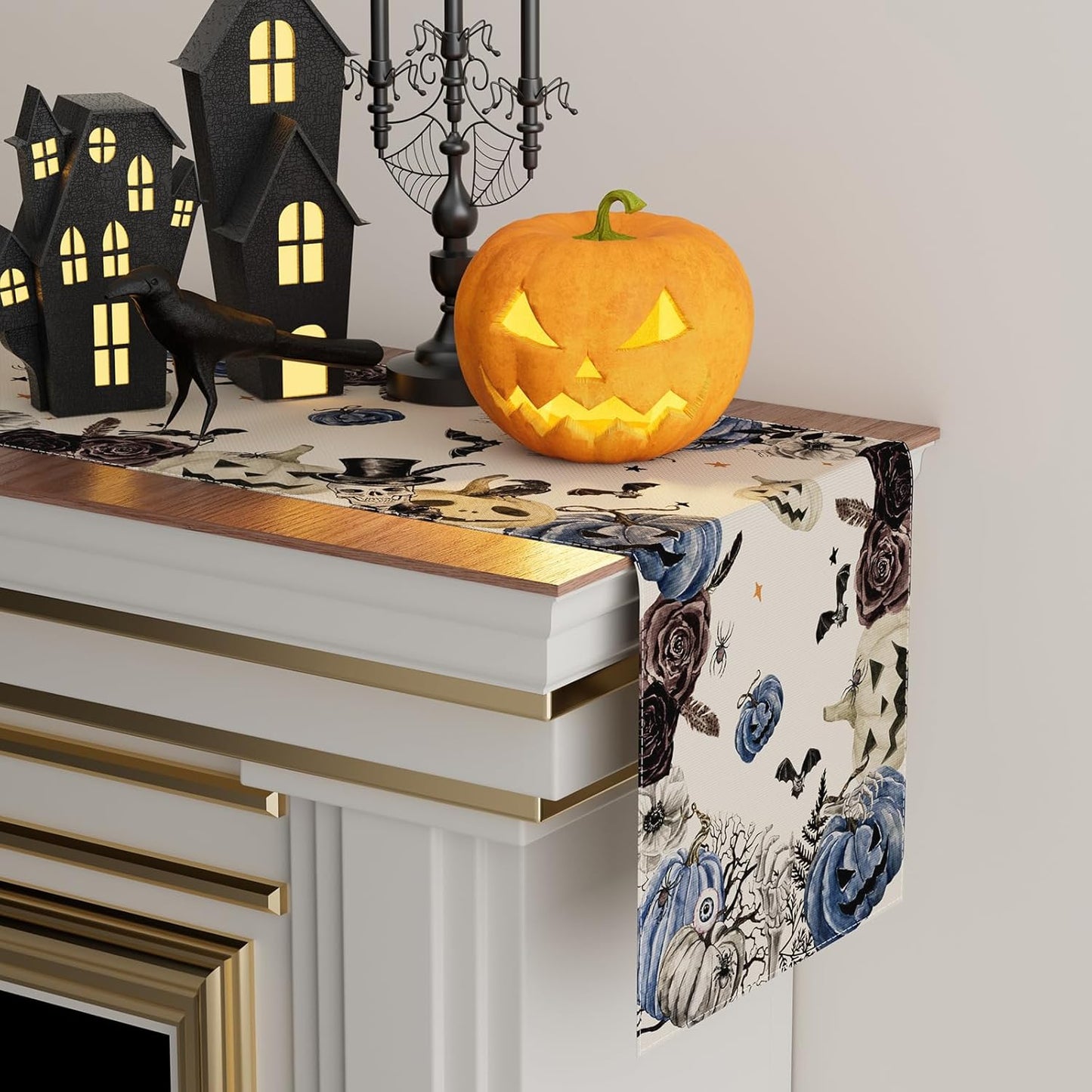 XCHI Spooky Blue Pumpkin Halloween Table Runner Party Table Decoration for Home Kitchen Dining Holiday Decor 13x72 Inch