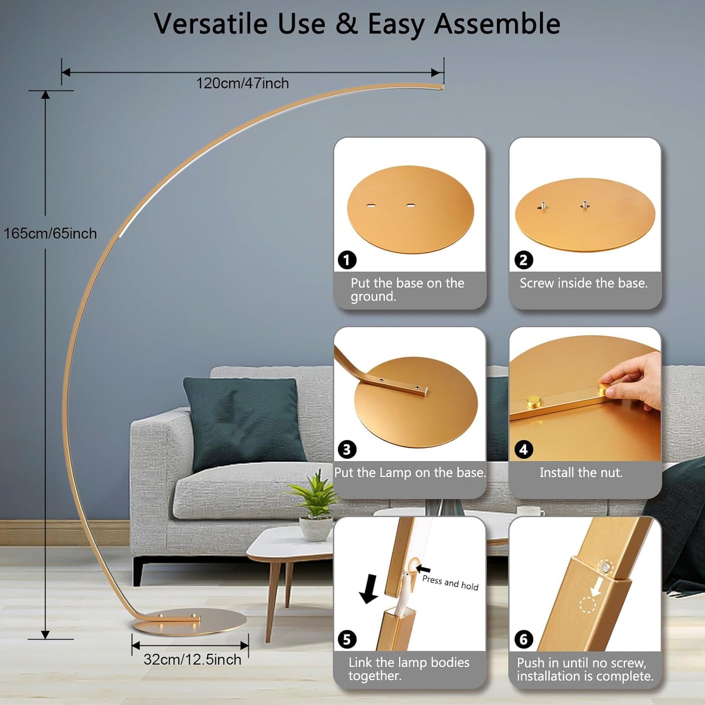 NUÜR Arc Floor Lamp, 67" Tall Gold LED Modern Standing Floor Lamp with Remote Control, Arched Bright Floor Lamps for Living Room Bedroom Office Home