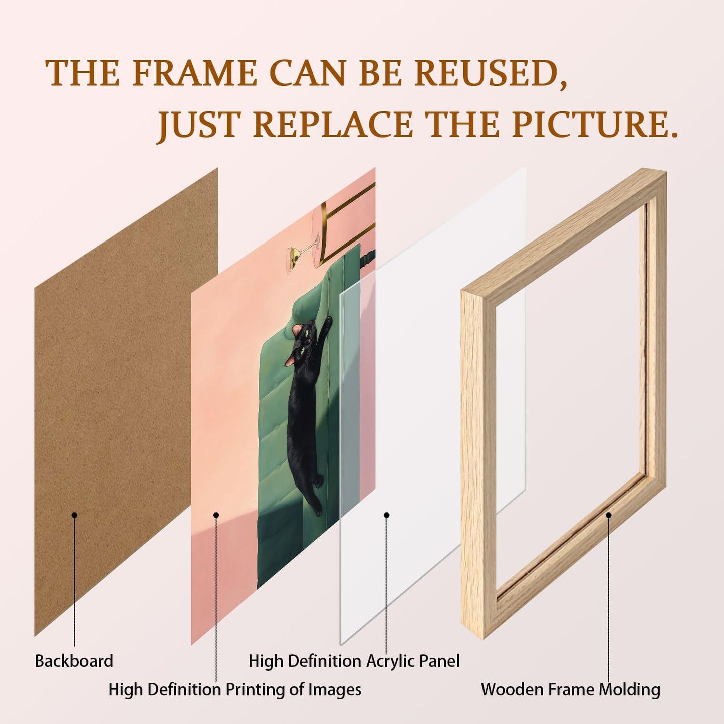 Wood framed black cat wall art modern style canvas print lazy black cat poster picture decoration painting gallery style artwork suitable for living room bedroom decoration 16x24 inch