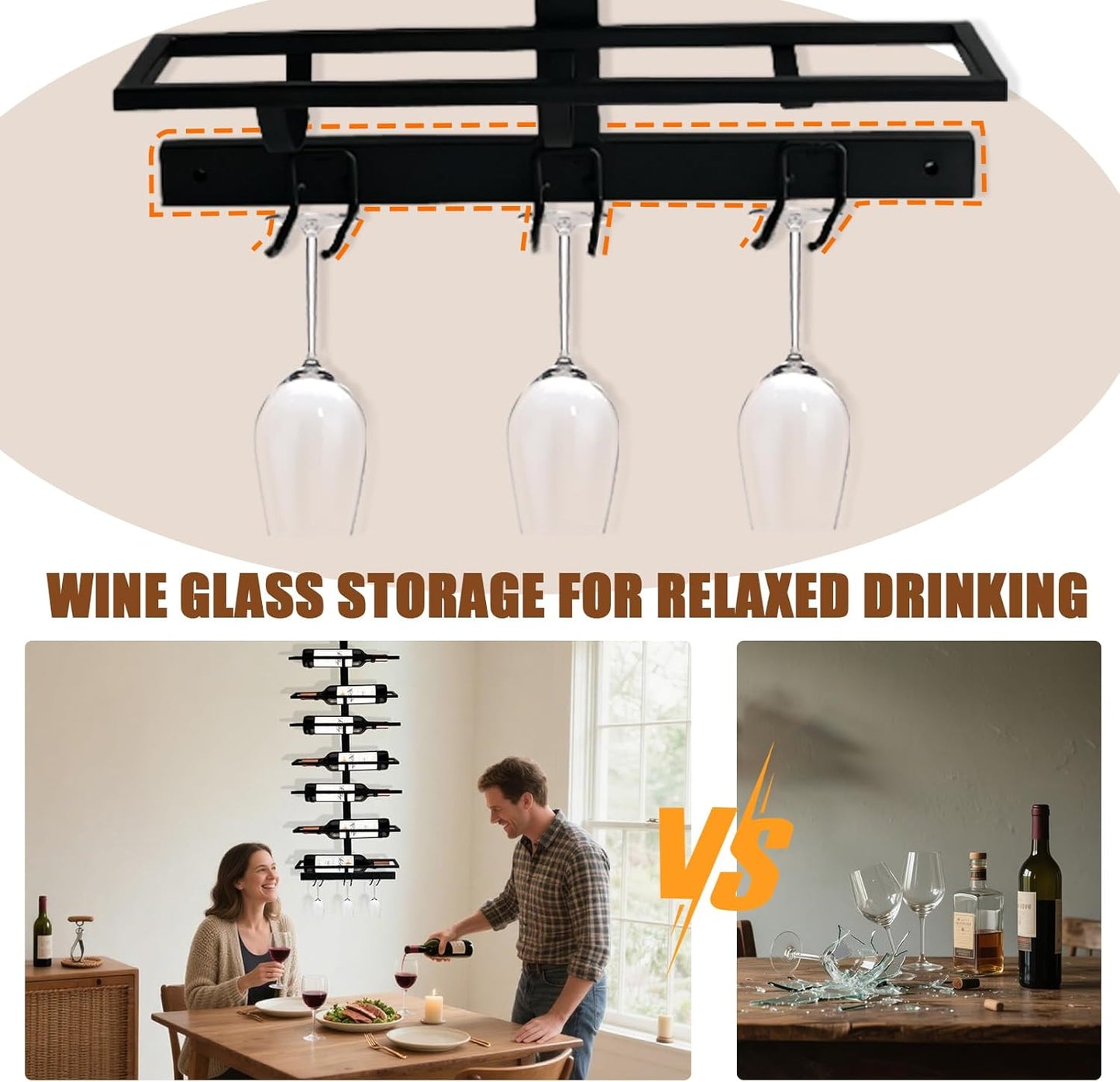 10 Bottle Wall Mount Wine Rack with Wine Glass Holder, Metal Wine Wall Rack, Wall Racks for Wine Bottles Display and Storage, Hanging Bottle Organizer for Living Dining Room Wine Cellar Bar (Black)