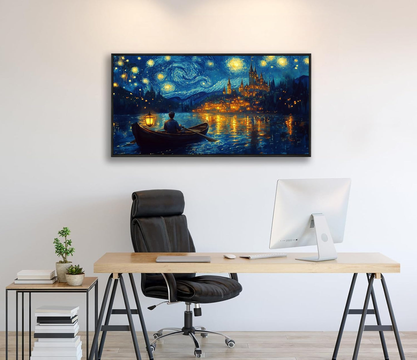 Wall Art Canvas Print Starry Night Over the Rhone by Van Gogh 20 x 40 inches Framed Home Artwork Decor Canvas Art Painting Living Room for Bedroom Office Wall Decor