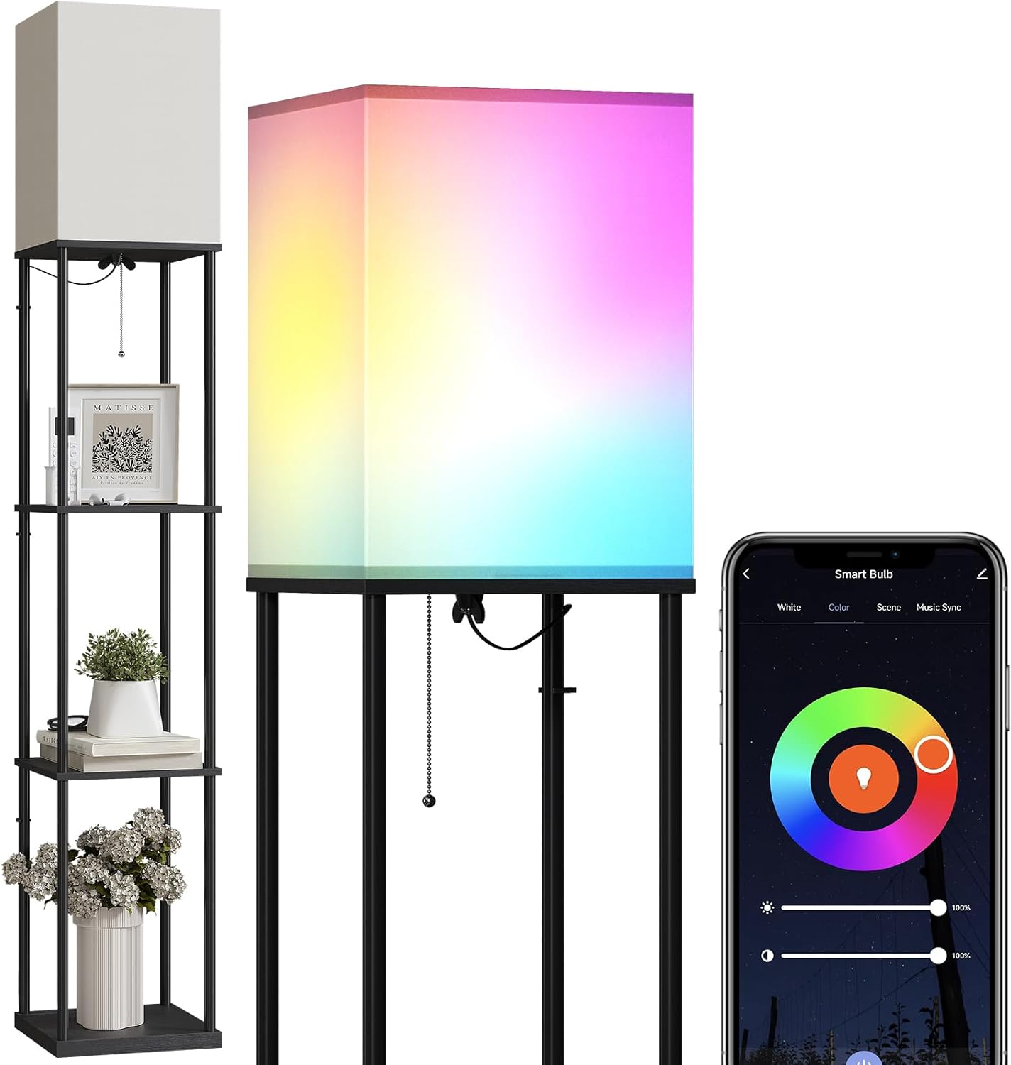 SUNMORY Floor Lamp with Shelves, Smart APP Control Standing Lamps with RGB Bulb, 4-Tier Dimmable Floor Lamps for Living Room, Tall Lamp for Bedroom, Office, Corner Display Bookshelf Lamp