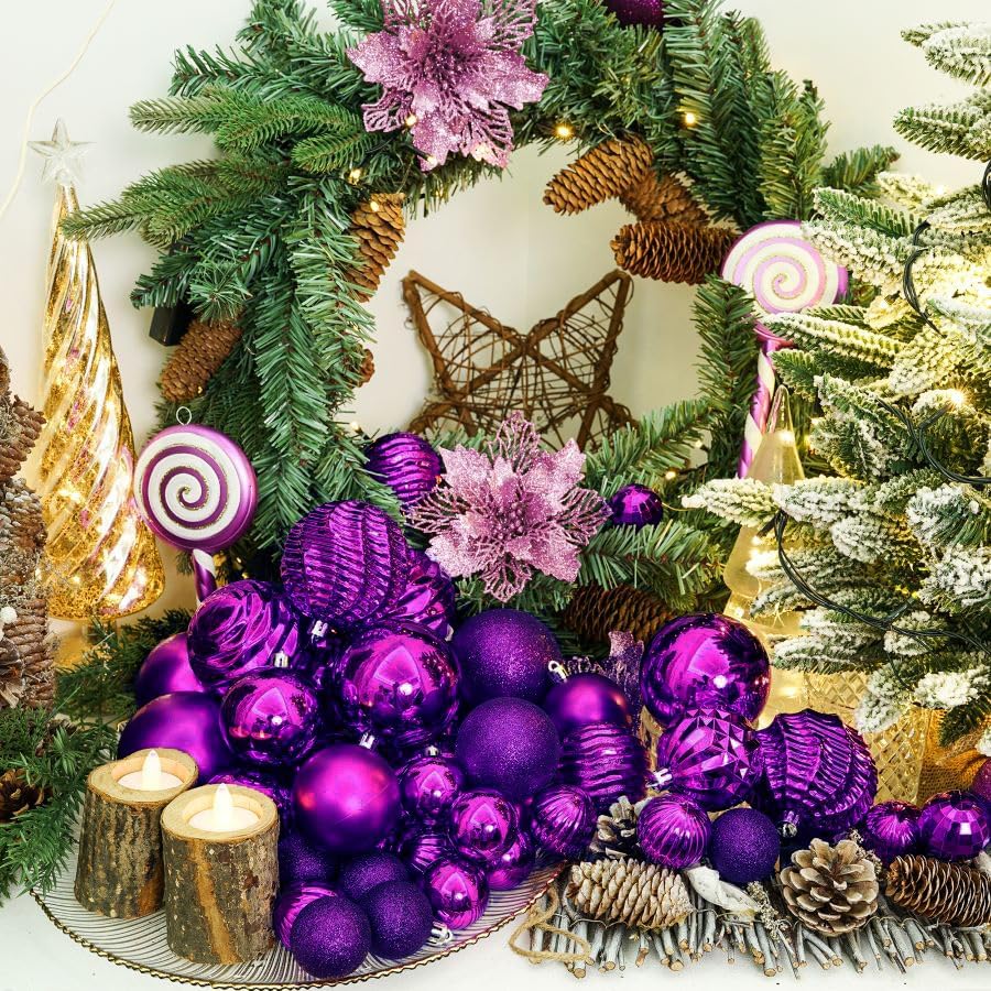 XmasExp 24ct Christmas Ball Ornaments Shatterproof Christmas Ornaments Set Decorations for Xmas Tree Balls Halloween Decorations 40mm/1.57” (1.57'', Purple)