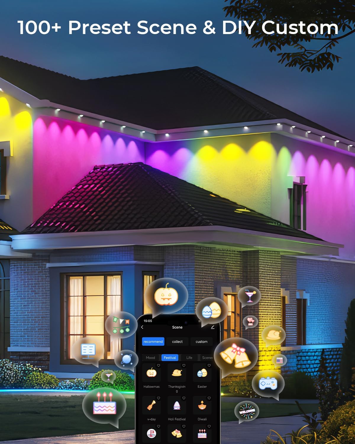 CINOTON Permanent Outdoor Lights 200ft, Smart RGBW Eaves Lights with 144 LEDs, IP67 Waterproof, 111 Scene Mode for Daily and Festival, Halloween Christmas Party Holiday Decor, APP/Voice/Remote Control