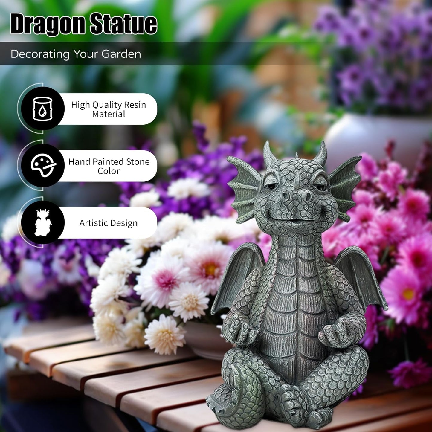Garden Dragon Statue Decor - Meditation Dragon Sculpture Figurine Outdoor Decoration, Zen Yoga Garden Art Sculpture for Patio Lawn Yard Balcony Indoor Decor(Hands Flat)