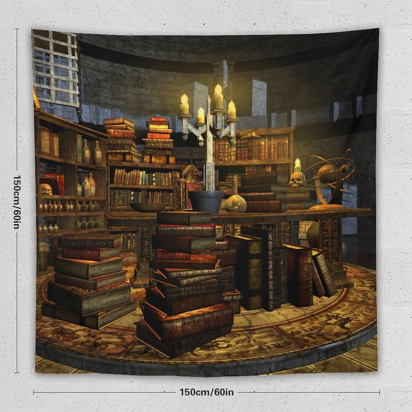 Kurtect Library Tapestry,Vintage Medieval Bookshelf Wooden Bookcase Antique Magic Art Tapestries for Party Beach Picnic Blankets Tablecloths Living Room Wall Deocr, 60x60 in