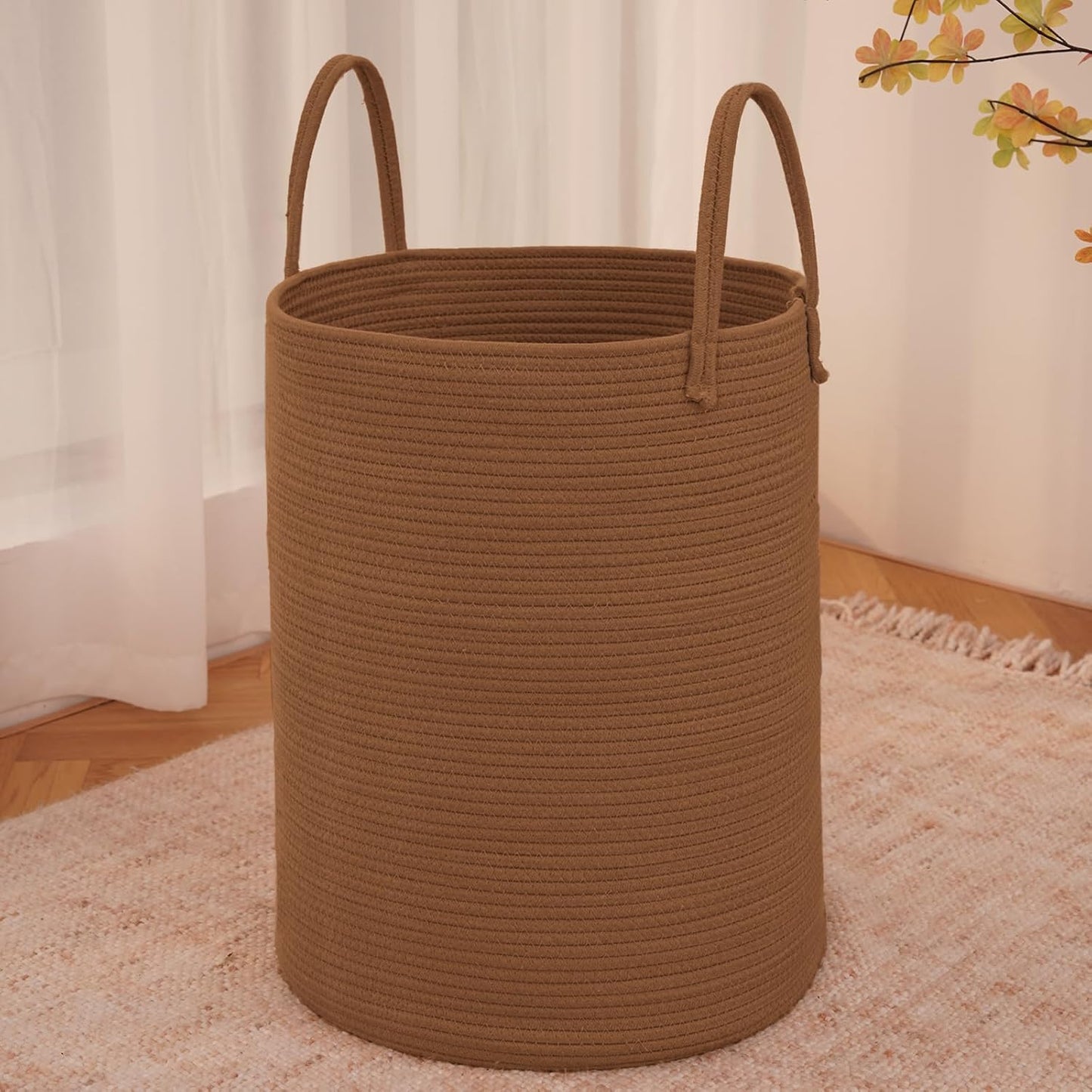 Large Woven Laundry Basket Hamper,80L Cotton Rope Storage Bin for Blankets,Toys and Clothes,Decorative Tall Nursery Hamper for Living Room,Baby Nursery,Bathroom and Bedroom,Golden Jute