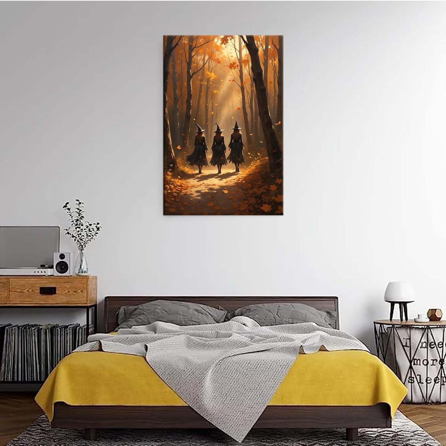 JFHCQJPK Three witches walking in the forest in autumn canvas painting gothic poster halloween print country witch wall art for home decoration32x48in Frameless