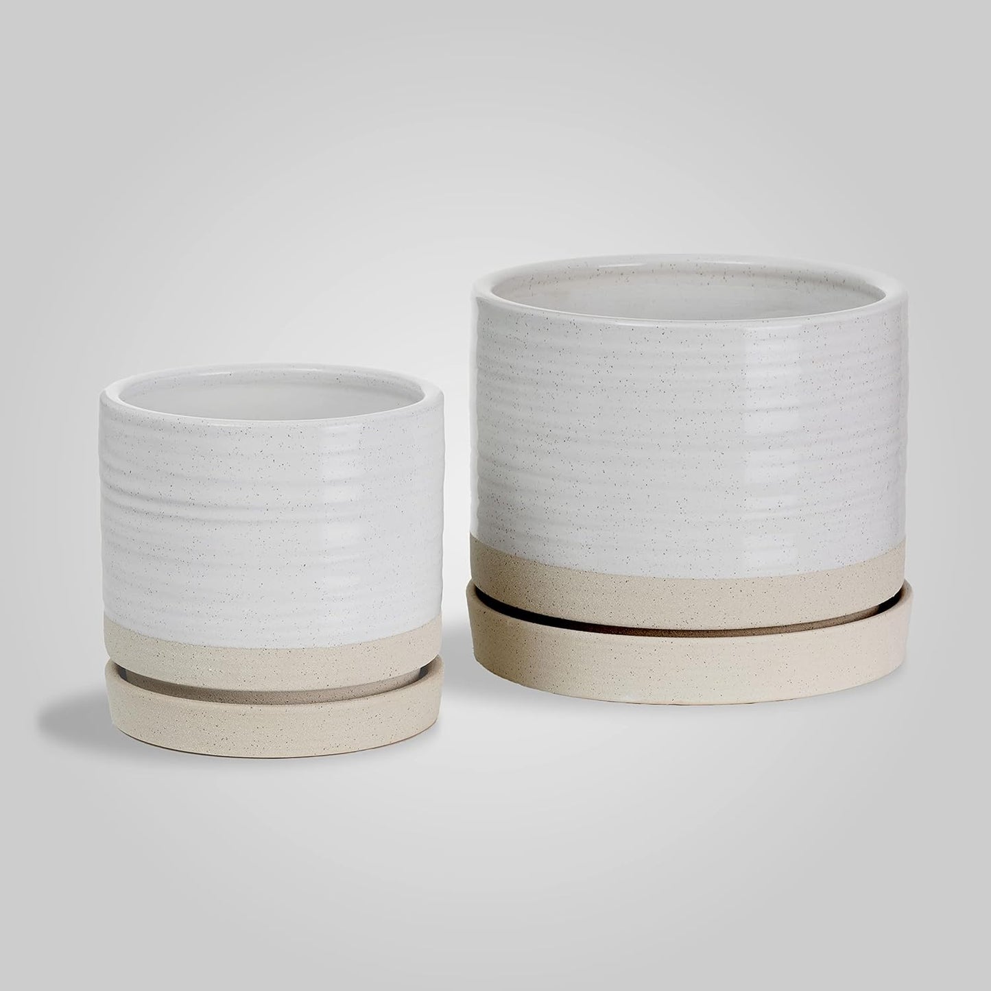 6 + 8 Inch Plant Pots, Ceramic Planter Pot with Drainage Hole & Saucer, Indoor/Outdoor Cylinder Round Planter Pot, Cream & Beige