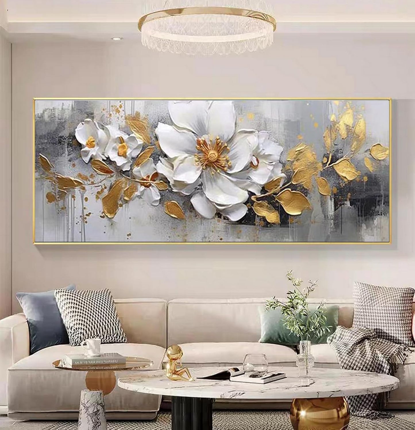 White Flower and Golden Leaf Wall Art for Living Room Hand Painted Floral Oil Painting on Canvas for Bedroom,Large Framed Artwork for Office Kitchen Wall Decor 24x56inch