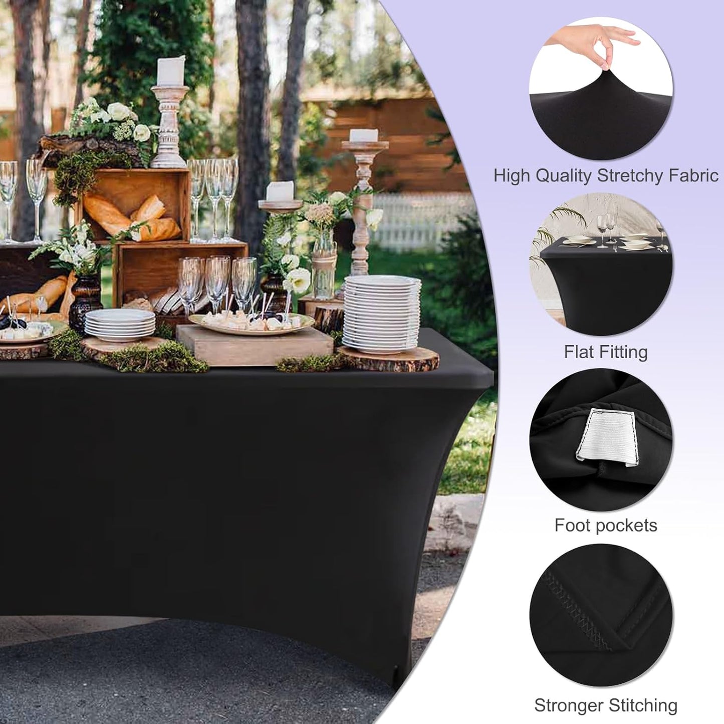 ABCCANOPY 8 FT Black Spandex Table Cover Stretch Fitted Wrinkle Resistant Tablecloth Reuse for Rectangular Folding Table Patry Event Wedding Banquet Protector