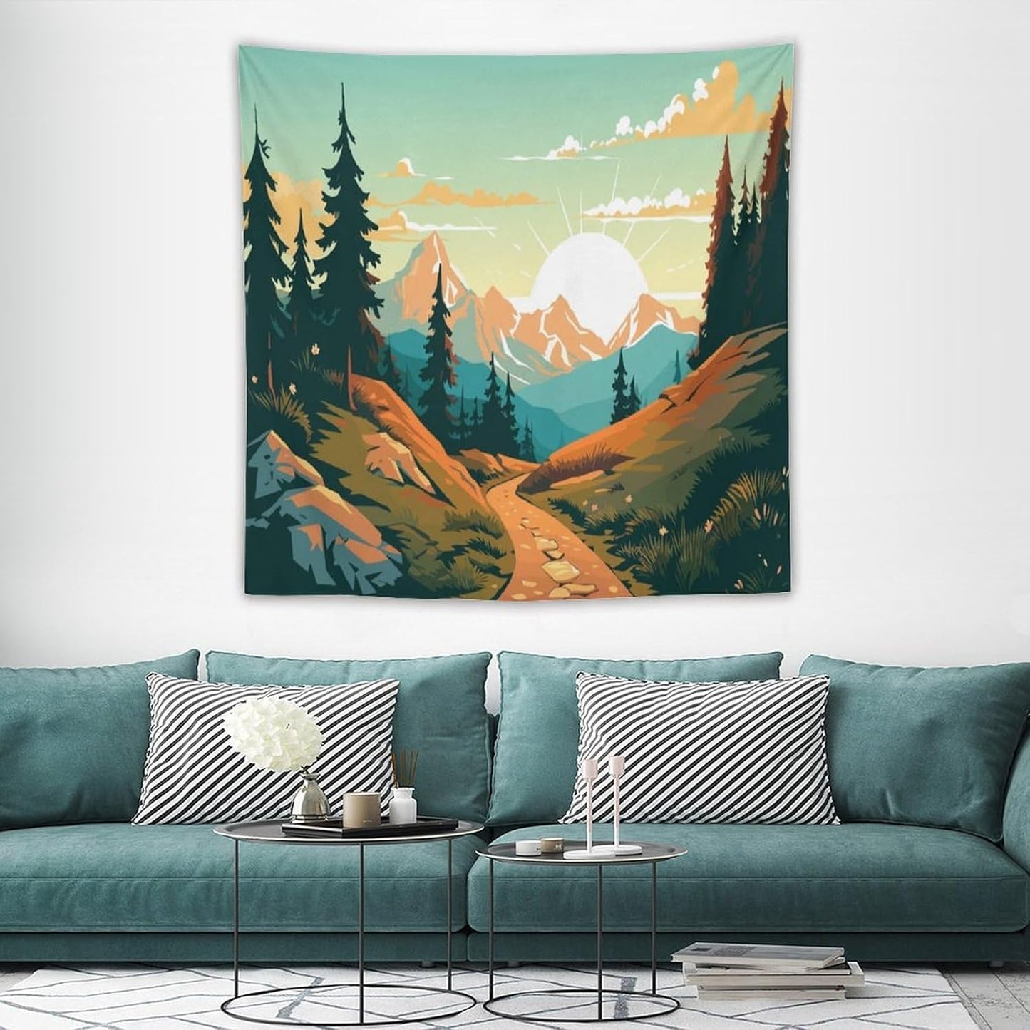 HZOHNAGO Mountain Tapestry Forest Mountain Sunrise Road Pattern Printed Wall Tapestry Wall Hanging for Bedroom Living Room Dorm 60" W x 60" H