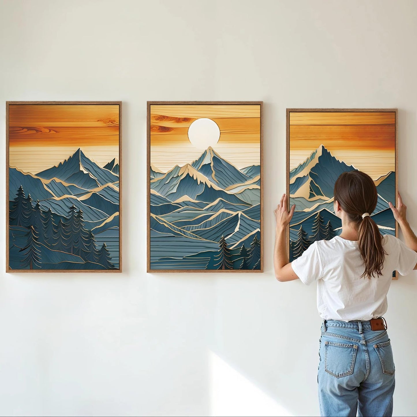 Tinonedraw Vintage Mountain Framed Canvas Wall Art Set of 3, Boho Nature Wilderness Art Prints, Mid Century Modern Ridge Scenery Wall Decor, Sunrise Forest Woodcut Style Art Paintings for Living Room Bedroom, Office 16"x24"