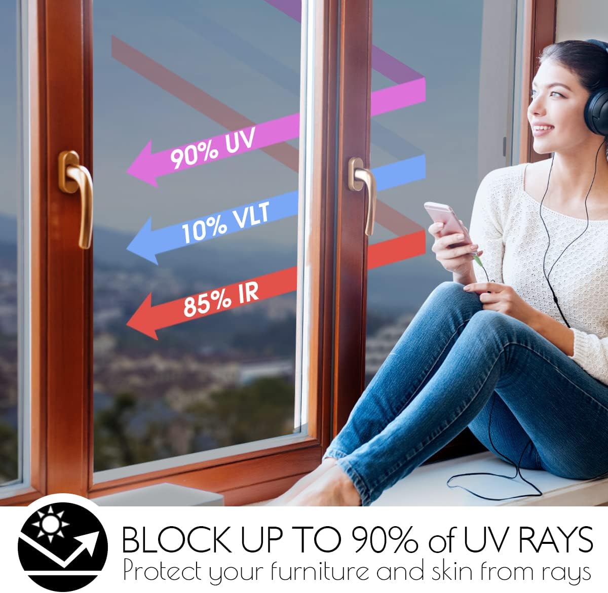 HIDBEA One Way Privacy Window Film, Daytime Mirror Reflective Heat Control UV Sun Blocking Non-Adhesive Static Cling Window Tint for Home and Office(Black-Silver, 35.4 Inch x 8.2 Feet)