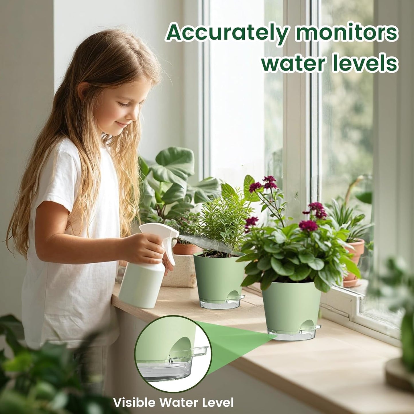 4 inch Self Watering Pots for Indoor Plants, 5 Pack Small Flower Plant Pots with Drainage Holes and Clear Reservoirs, Visible Water Level, Plastic Planters with Wicking Rope, Green