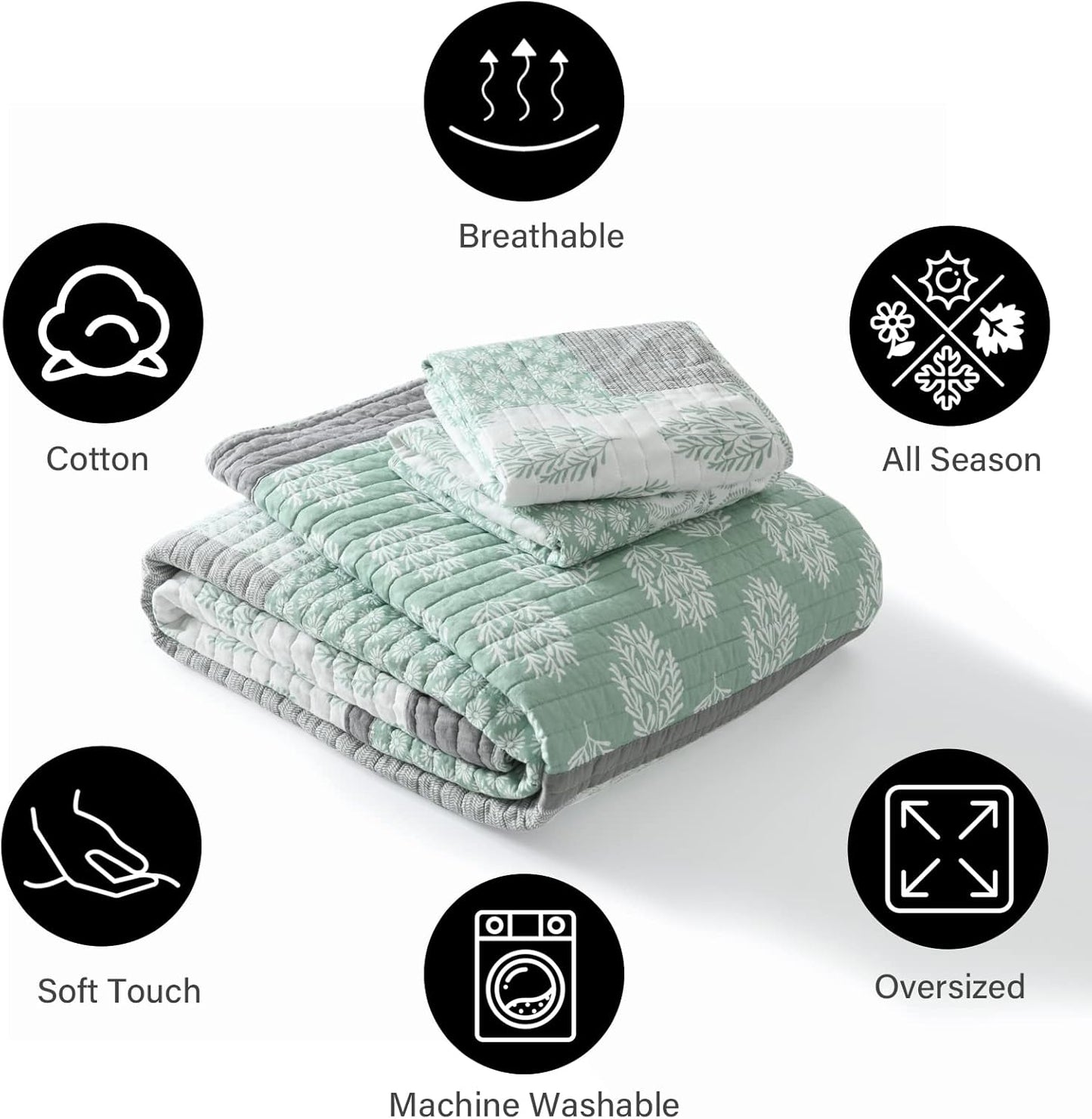 PANGUSHAN Quilt Set Queen Size, 100% Cotton Bedspread Quilt Bedding Set, Patchwork Reversible Floral Quilt for Queen Bed, Green/Grey/White Bed Spread, Lightweight Comforter for All Season, 3 Pieces