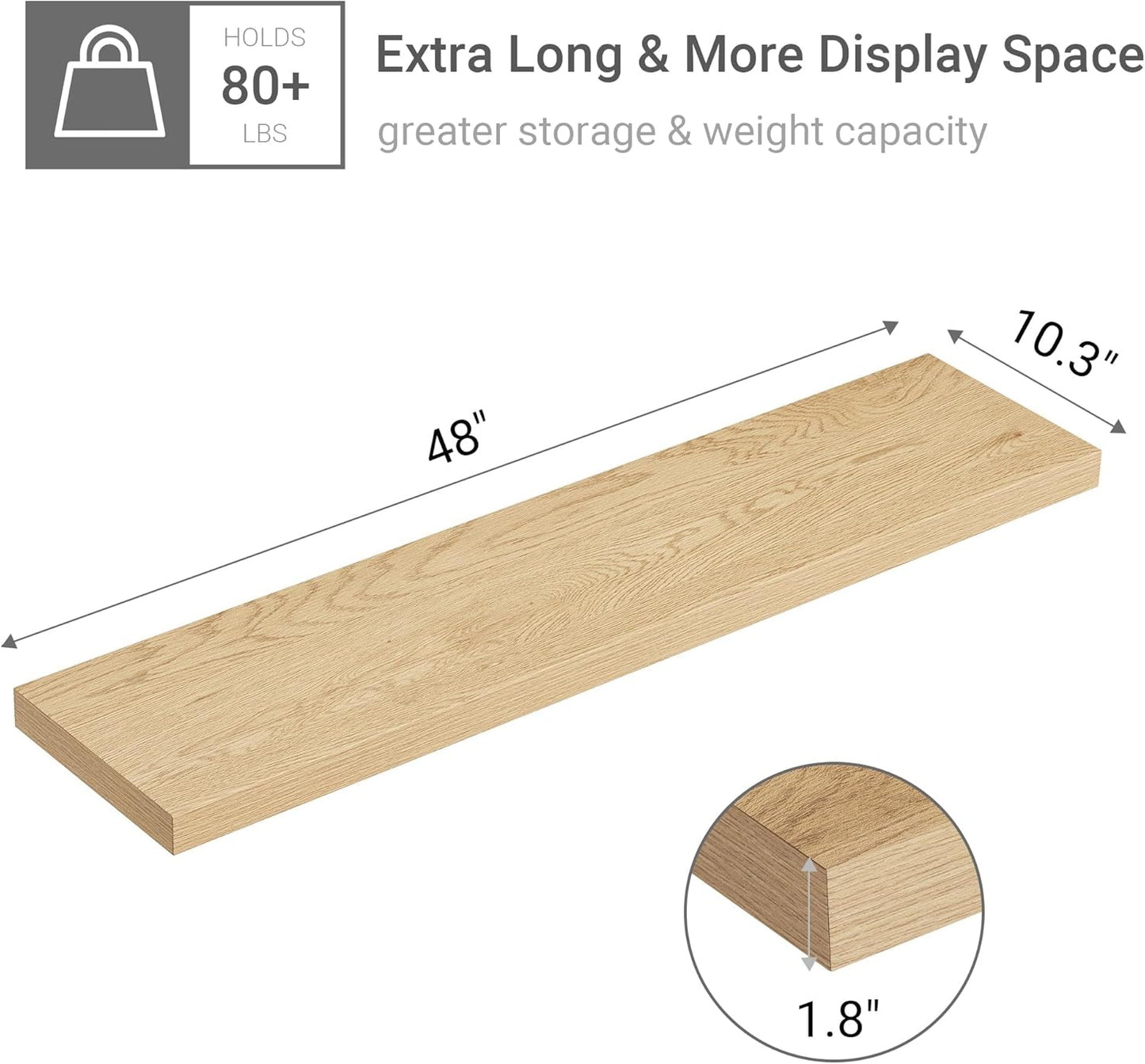Single Floating Shelves Oak 48 Inches, 48 x 10 inch Deep x 1.8 in Thick, Long Wall Shelves Heavy Duty 80 lbs for Bedroom, Living Room, Kitchen, Office, Modern Shelf Book Home Decor