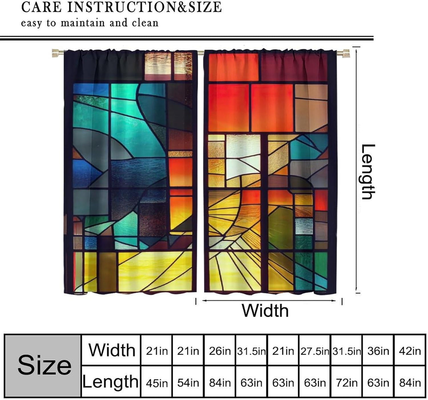 Stained Glass Curtains,Retro Abstract Colorful Geometry Textures Art Home Decor Drapes for Bedroom Living Room Kitchen Window Treatment 2 Panels Set Total Size 52" W X 84" L Inch
