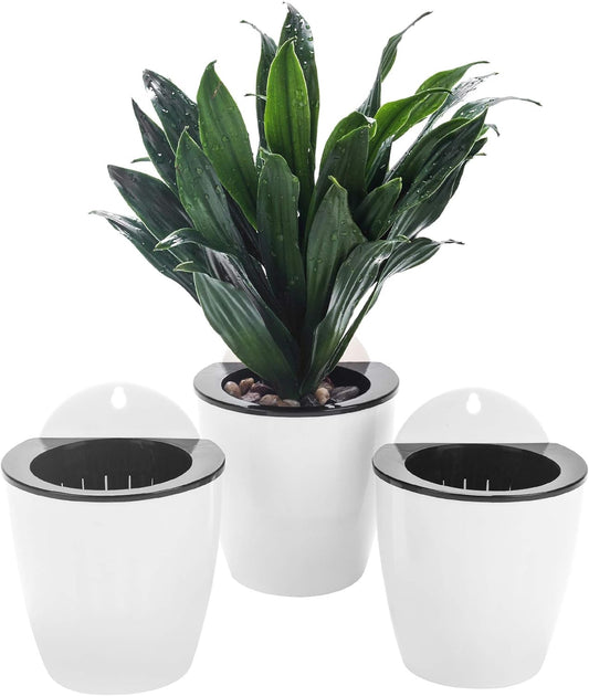 3 Pack Self Watering Wall Hanging Planter Pots Vertical Garden Window Hang Mount Indoor Outdoor Plant Flower Basket for Kitchen Herbs Balcony Railing Shelf Fence Bedroom Trellis Decor Modern White Box