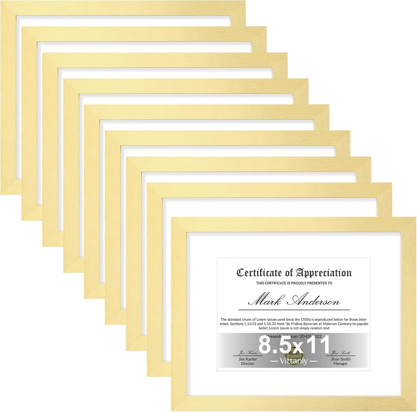 Vittanly 8.5x11 Picture Frames Set of 9, Shatter Resistant Plexiglass, Display 6x8 Pictures with Mat or 8.5x11 without Mat, Photo Frames for Wall or Tabletop, Engineered Wood, Gold