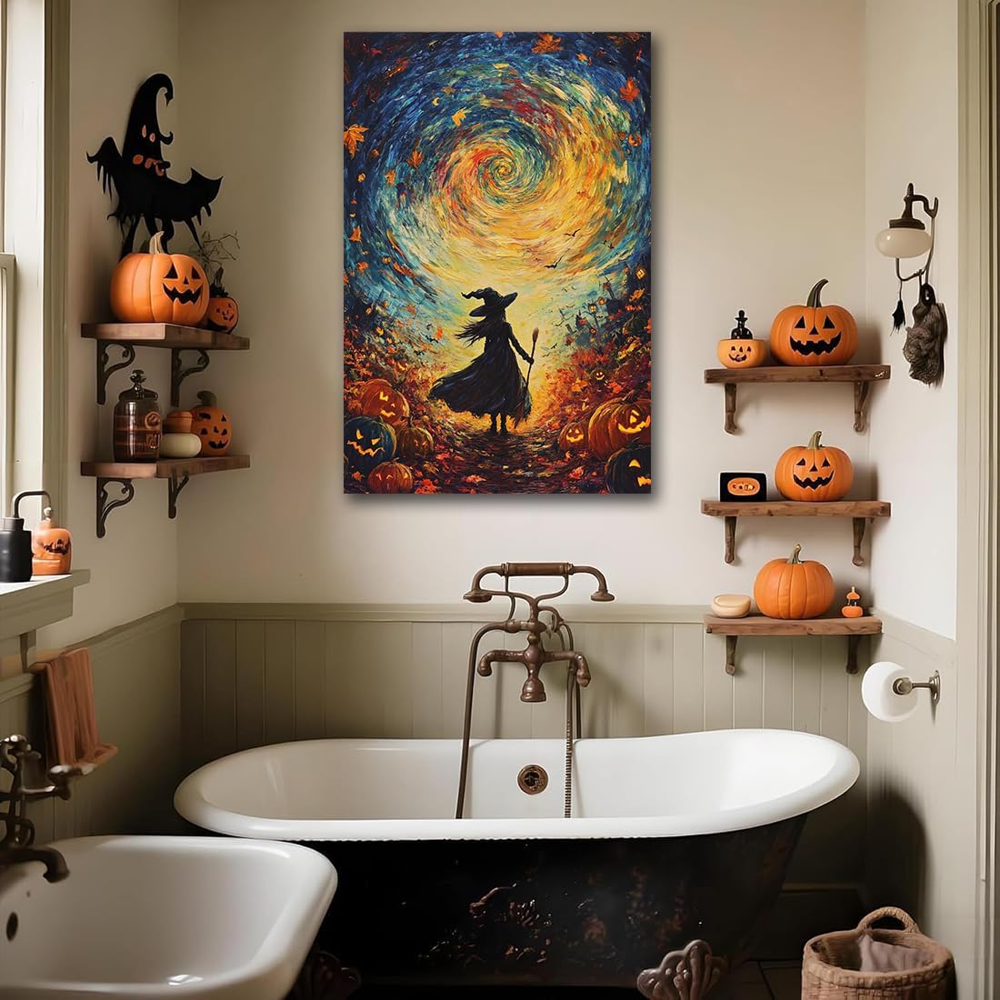 Halloween Autumn Witchy Decor Wall Art Prints,Gothic Witch in Whirlwind Autumn with Pumpkins Scene Pictures Poster,Fall Festival Home Decor Painting Canvas Poster for Bedroom Bathroom,12"x18" Framed