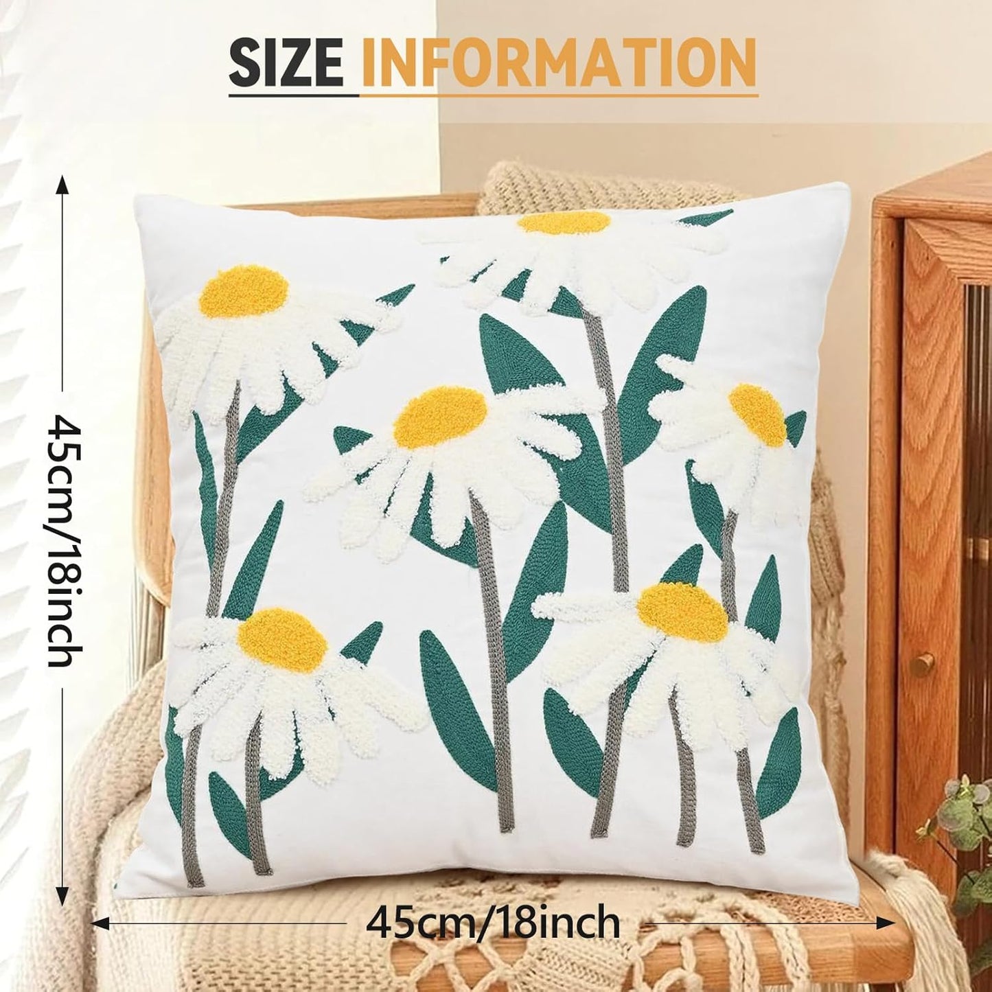 Embroidered Cushion Cover Wild Floral Throw Pillow Cover Jacquard Decorative Pillowcase for Living Bedroom Room Couch White Daisy