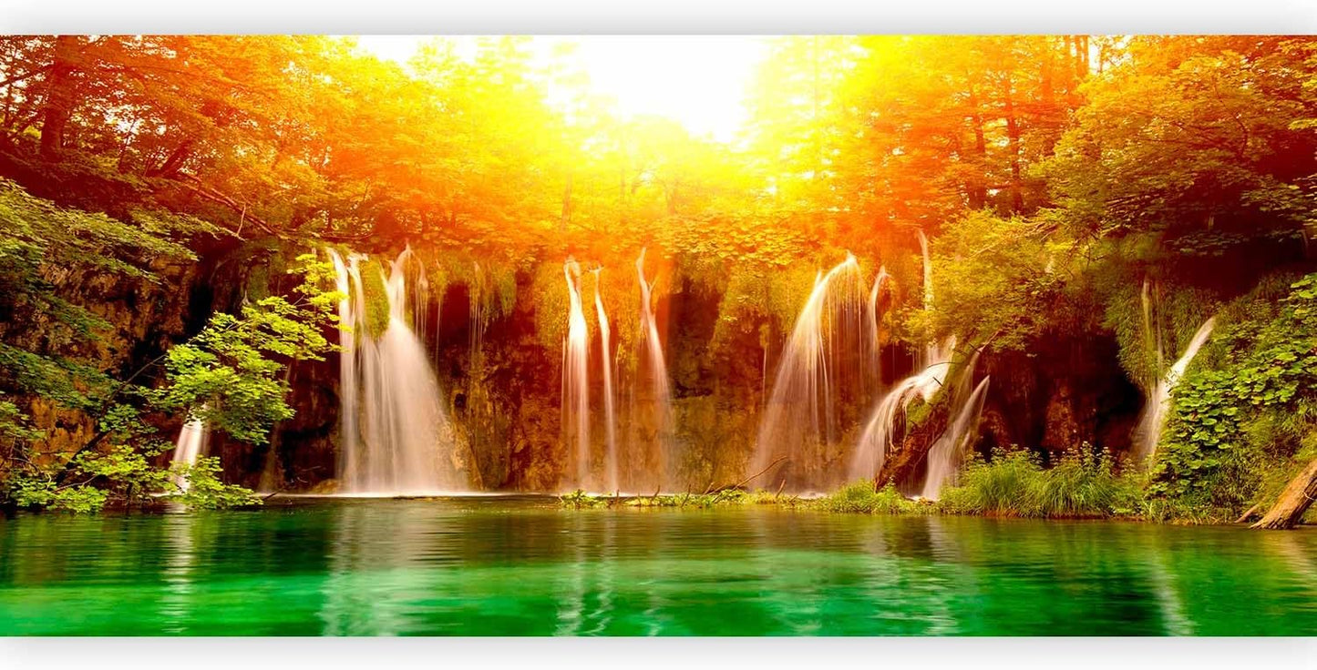 artgeist Wall Mural Peel and Stick Waterfall 212x98 in - XXL Self-Adhesive Corner Wallpaper Removable Large Sticker Foil Angle Wallpaper Wall Decor Print Nature Lake Sun Forest Landscape c-B-0475-a-a