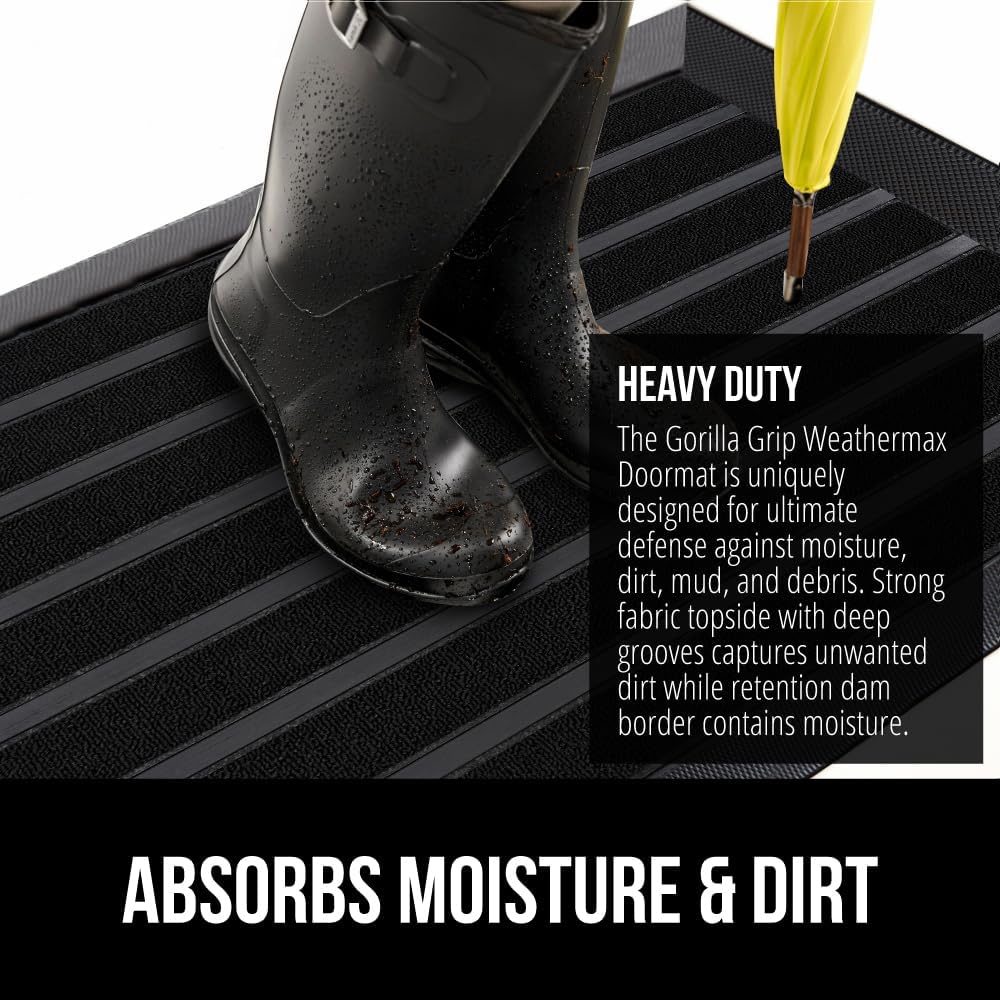 GORILLA GRIP 100% Waterproof All-Season WeatherMax Doormat US Designed Natural Rubber, Stain and Fade Resistant, Low Profile Indoor Outdoor Door Mats, Easy Clean Patio Mat, 17x29, Black Stripe