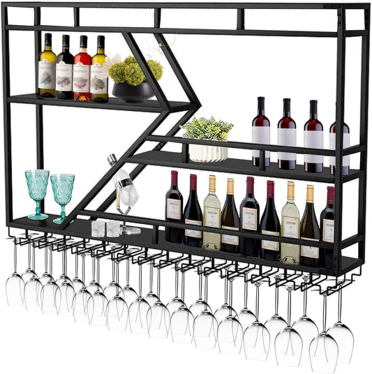 Wall Mounted Wine Rack with Glass Holder, 3-Tier Metal Storage Shelf, Black Diamond Design, Wine Bottle Display with Stemware Storage (Black, 31.49in/Right)