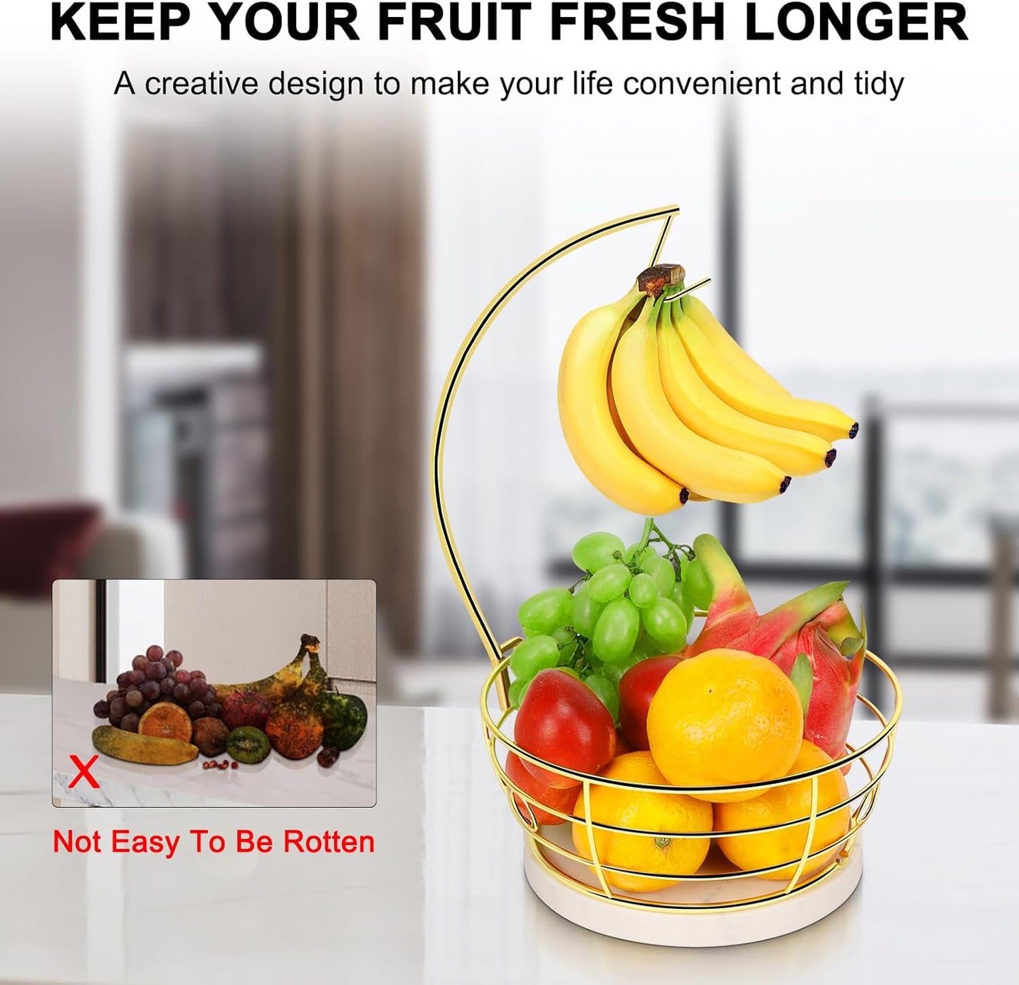 Livabber Countertop Fruit Basket Bowl with Banana Hanger, Modern Standing Fruit Vegetable Bowl Storage, with Banana Tree Holder for Kitchen Dinning Table (Round Marble, Gold)