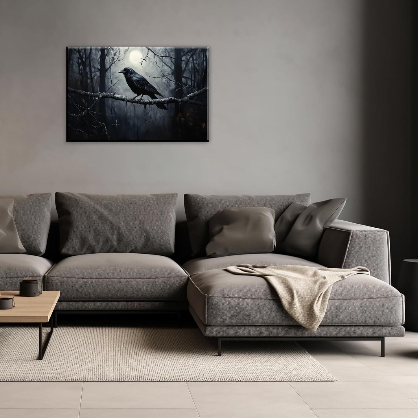 OAAPITI Crow Canvas Wall Art Black Crow Stand On The Branch Picture Print Moonlit Night Poster Vintage Forest Landscape Painting Artwork Living Room Halloween Decor(Artwork-1,20"x30")
