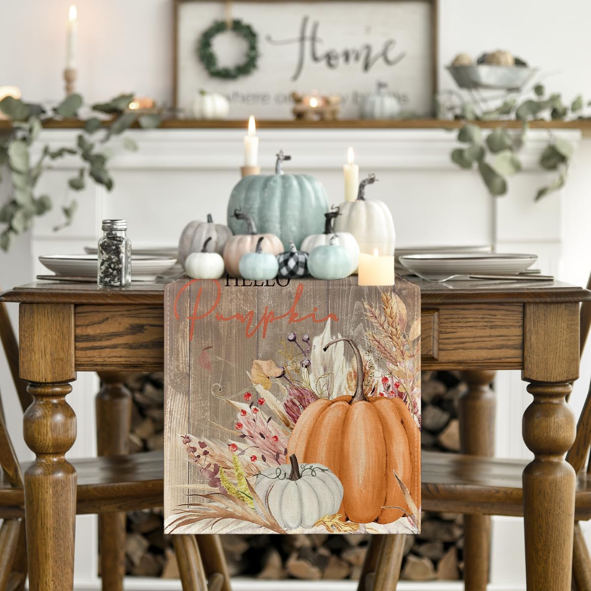 Artoid Mode Wood Hello Pumpkin Leaves 210 GSM Fall Table Runner, Seasonal Autumn Kitchen Dining Table Decoration for Home Party Decor 13x72 Inch