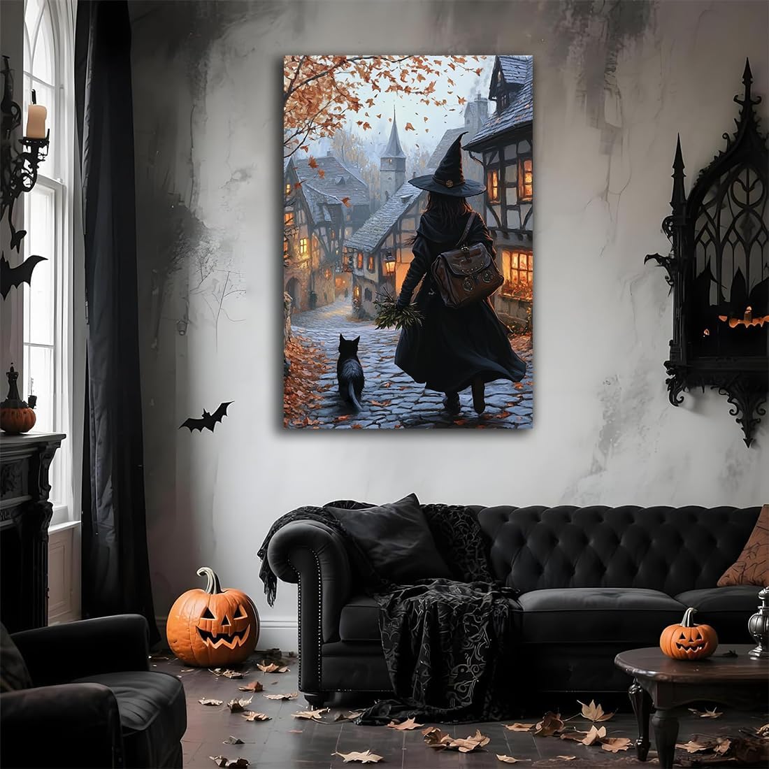 Autumn Witch And Black Cat Picture Wall Decor,Halloween Canvas Vintage Rustic Wall Art,Preppy Bedroom Living Room Bathroom Poster Print,20"x30" Unframed