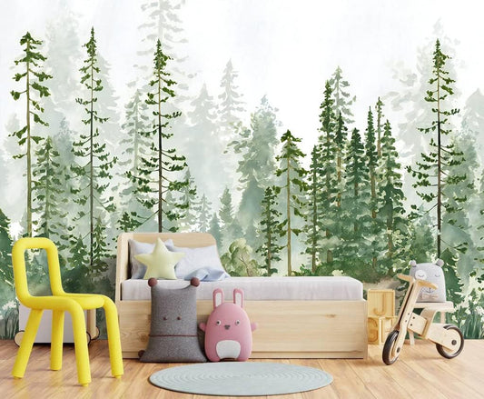 Boys or Girls Cartoon Pine Tree Forest wallpeper Nursery Kids Bedroom Wall Mural - 183"x120"（Not Peel and Stick）